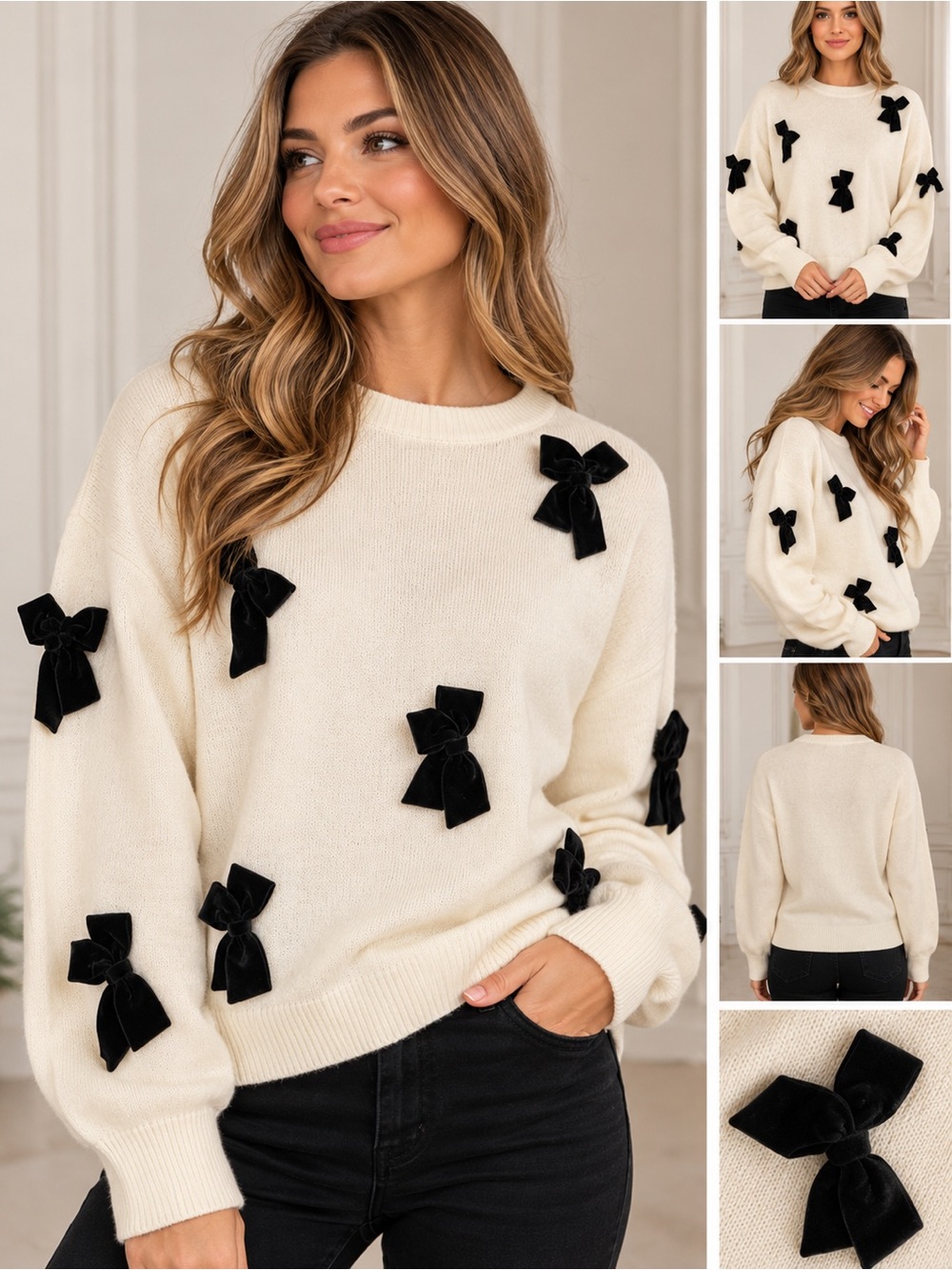 J.Marie Cream Velvet Bow-Appliqué Sweater NWT Small